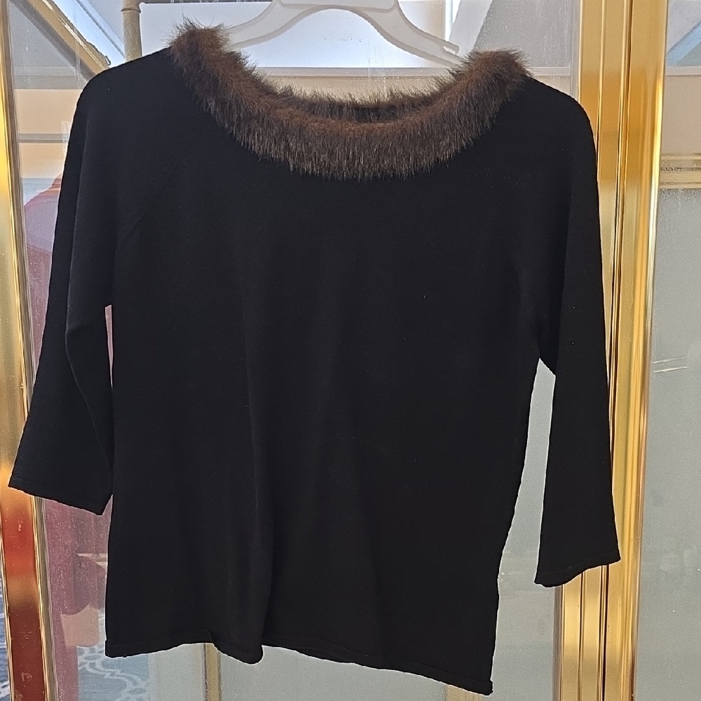 Silx by August Silk Black Sweater with Faux Fur Trim